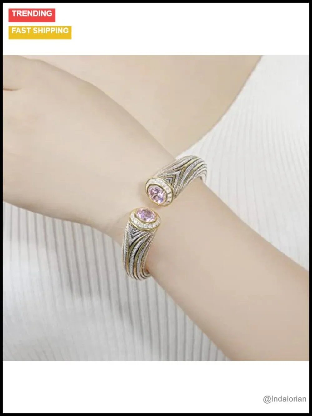 Vintage Multi Strand Twisted Wire Cable CZ Cuff Bangle Two Tone Gold Silver